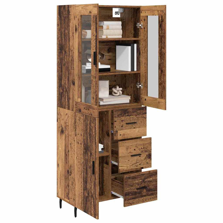Hoge kast met lade 2 pcs Oud Hout Geengineerd Hout en Glas
