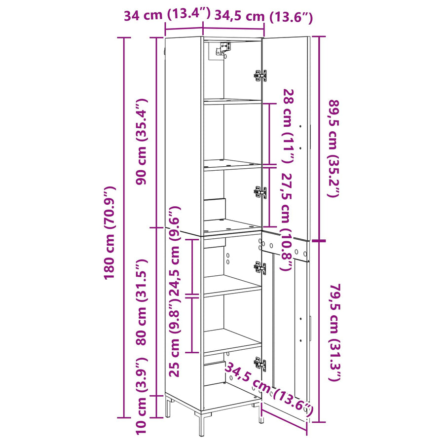 Hoge kast Oud Hout 69,5 x 34 x 180 cm Bewerkt hout