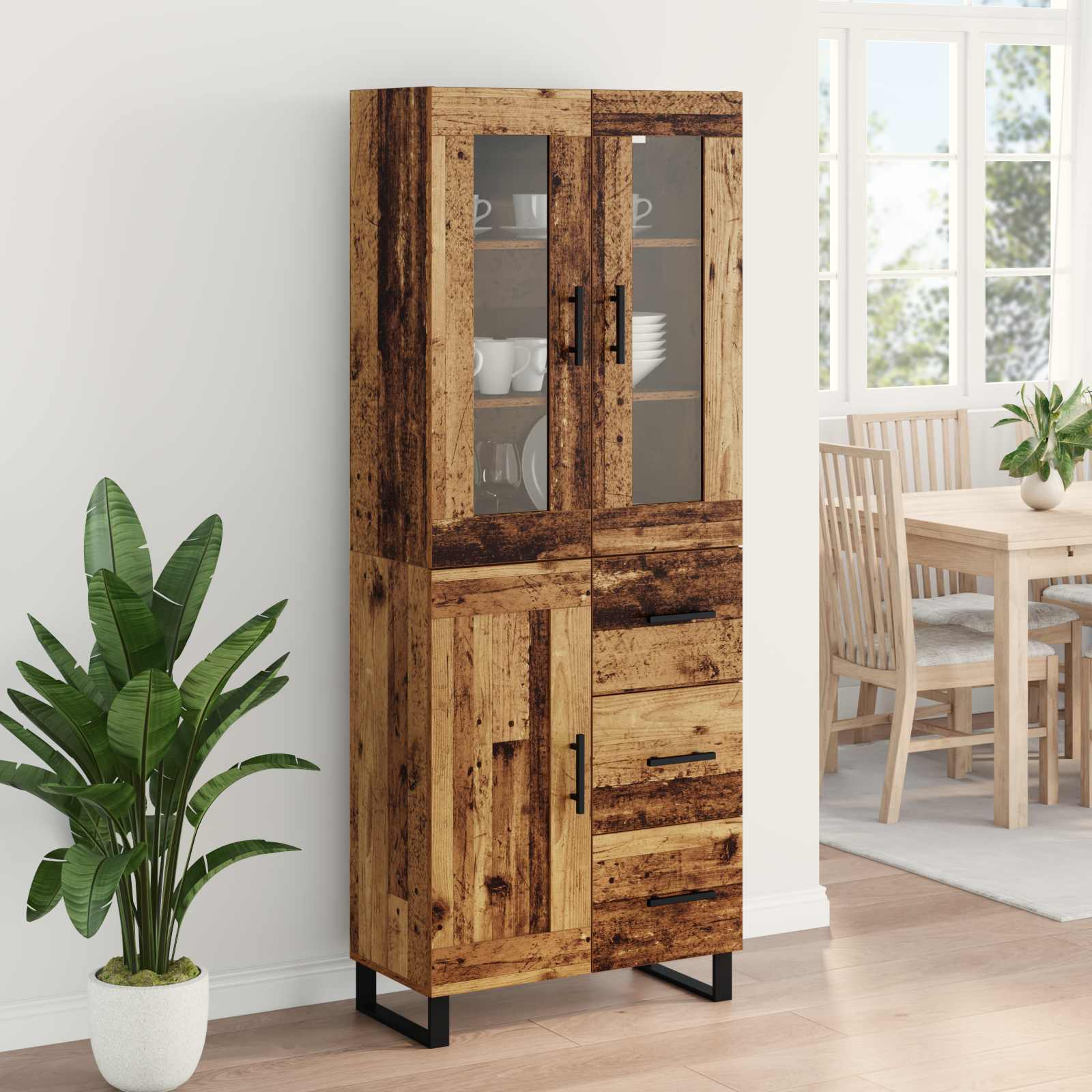 Hoge kast met lade 2 pcs Oud Hout Geengineerd Hout en Glas