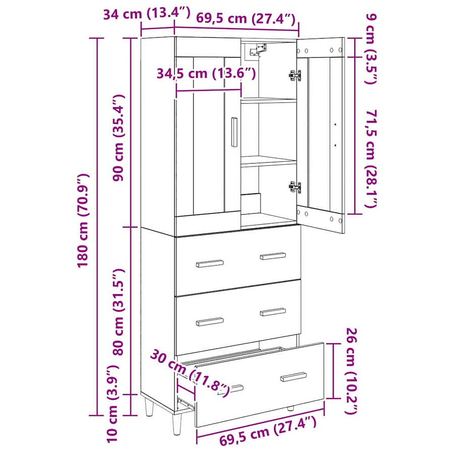 Hoge kast Oud Hout 69,5 x 34 x 180 cm Geengineerd Hout en Glas