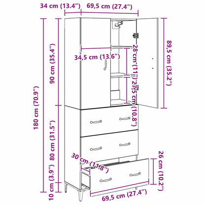 Highboard met lade Oud Hout 69,5 x 34 x 180 cm Bewerkt hout