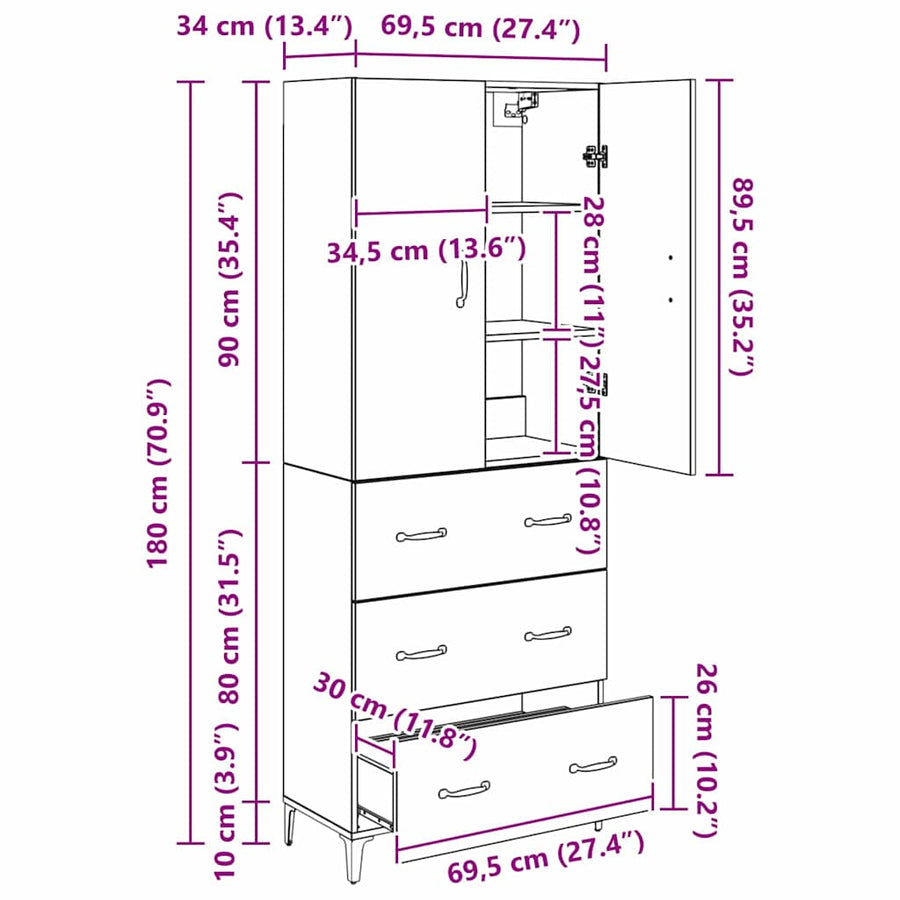 Highboard met lade Oud Hout 69,5 x 34 x 180 cm Bewerkt hout