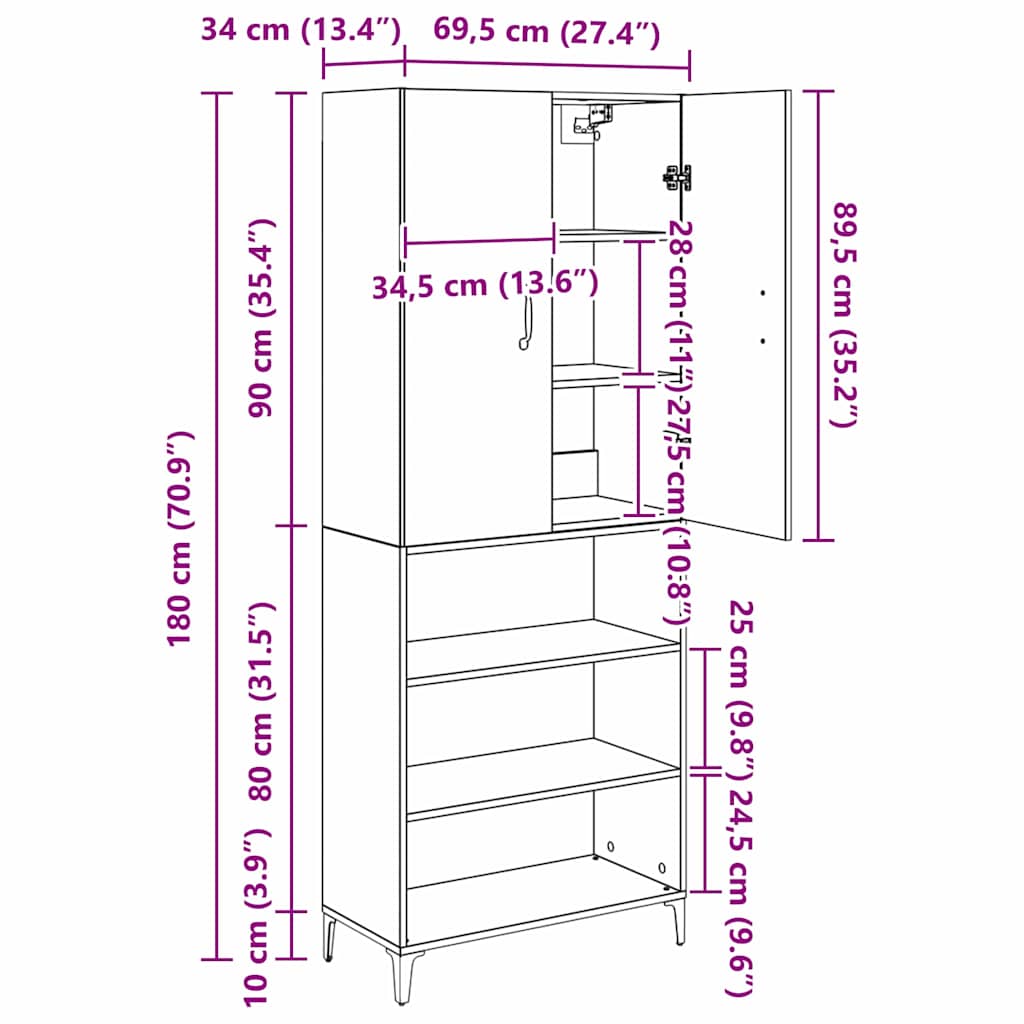 Highboard Oud Hout 69,5 x 34 x 180 cm Bewerkt hout