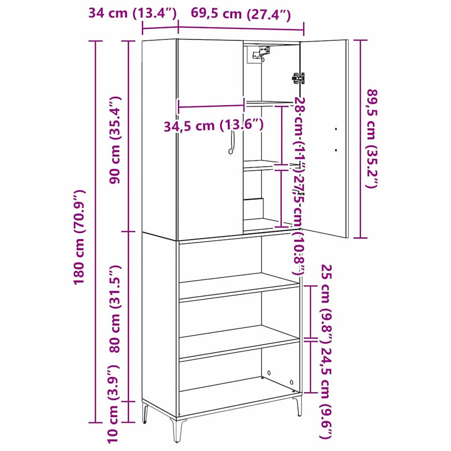 Highboard Oud Hout 69,5 x 34 x 180 cm Bewerkt hout