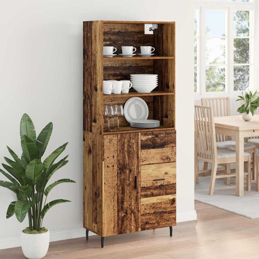 Highboard met lade 2 pcs Oud Hout Geengineerd Hout en Glas