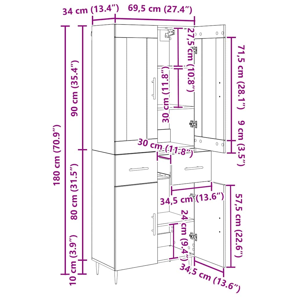 Hoge kast 2 pcs Oudhout 69,5 x 34 x 180 cm Bewerkt hout