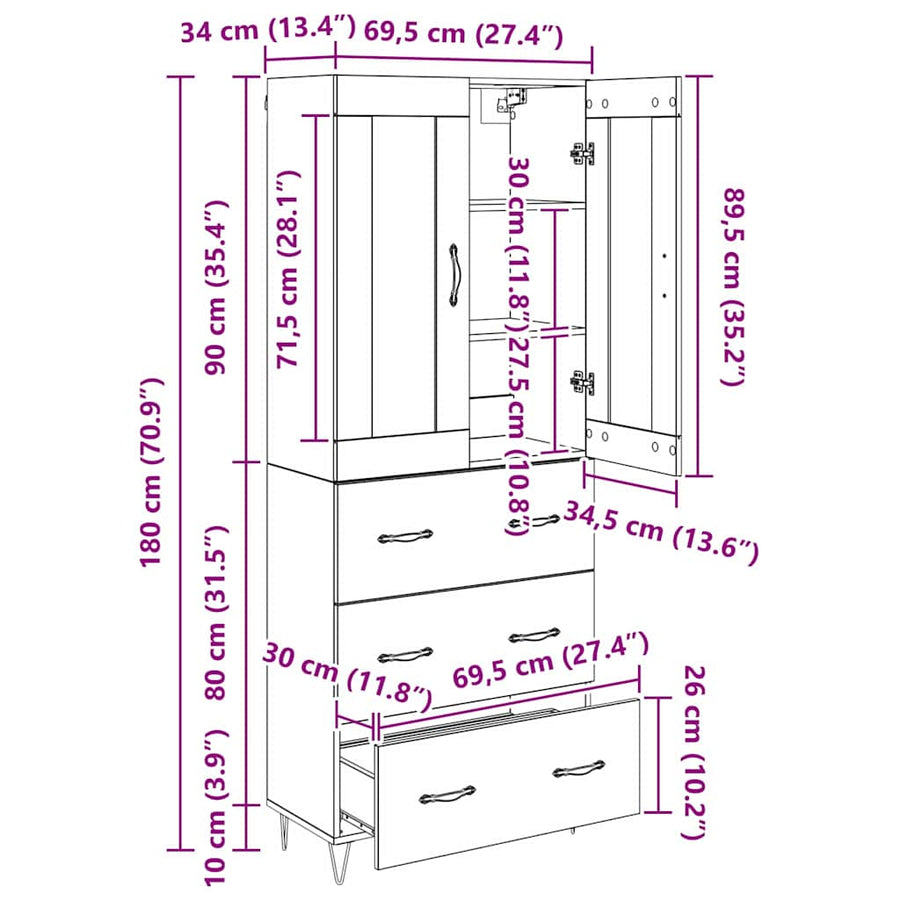 Highboard Artisan Eiken 69,5 x 34 x 180 cm Bewerkt hout