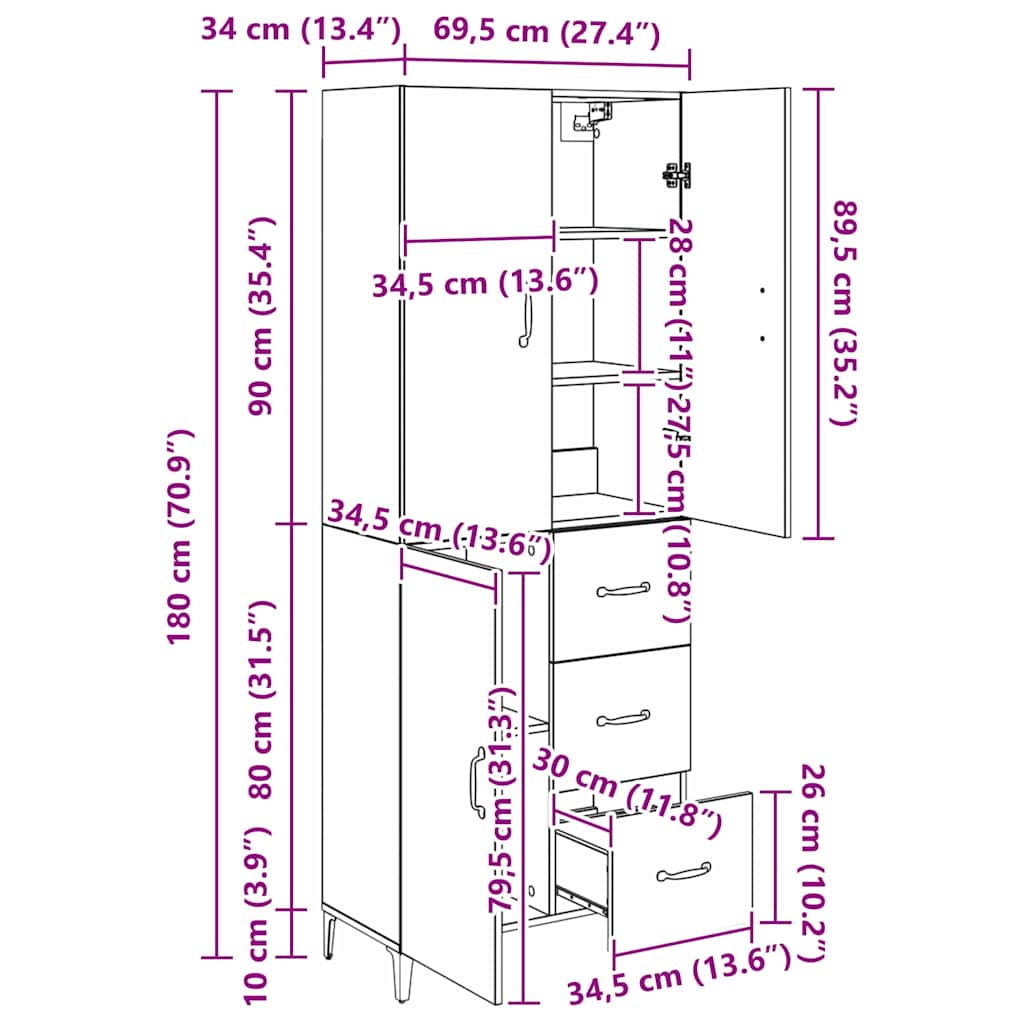 Highboard Artisan Eiken 69,5 x 34 x 180 cm Bewerkt hout