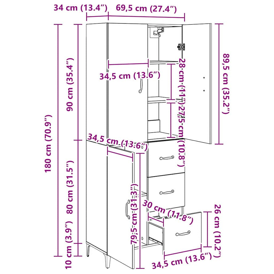 Highboard Artisan Eiken 69,5 x 34 x 180 cm Bewerkt hout