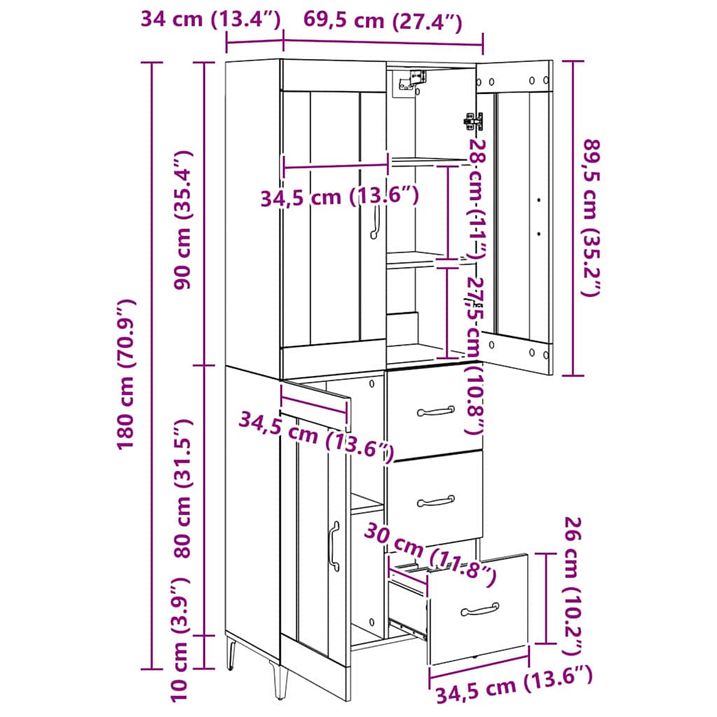Highboard Artisan Eiken 69,5 x 34 x 180 cm Bewerkt hout