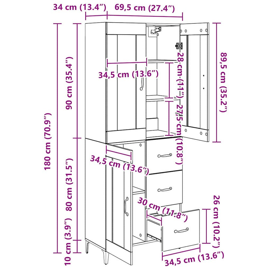 Highboard Artisan Eiken 69,5 x 34 x 180 cm Bewerkt hout