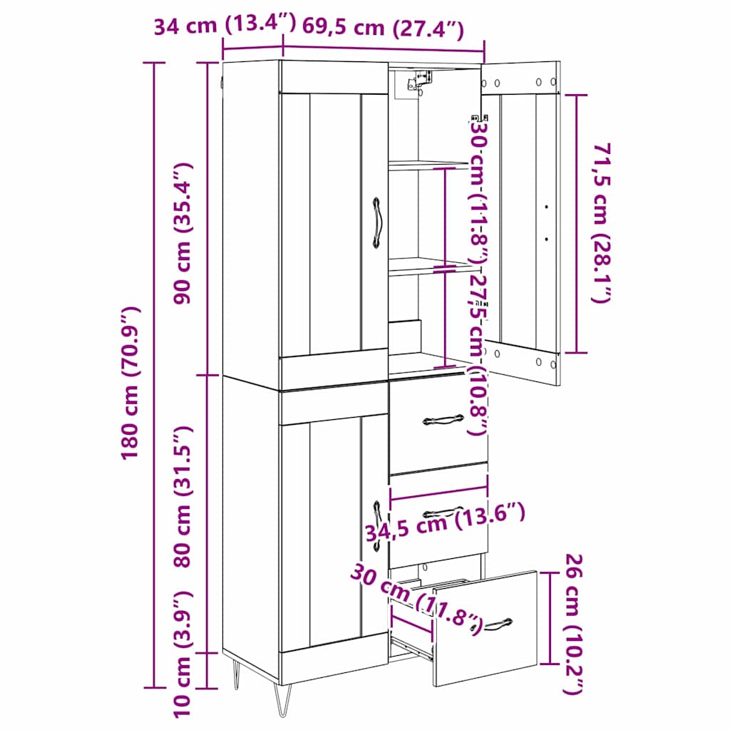 Highboard Artisan Eiken 69,5 x 34 x 180 cm Bewerkt hout