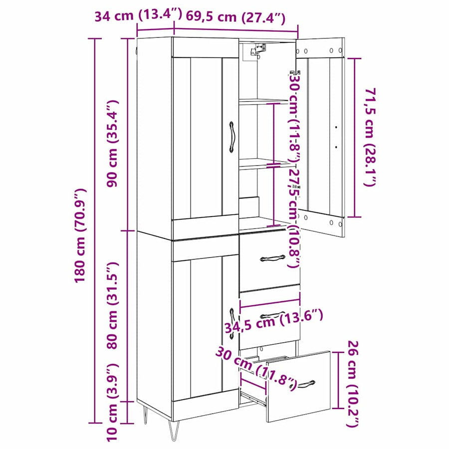 Highboard Artisan Eiken 69,5 x 34 x 180 cm Bewerkt hout
