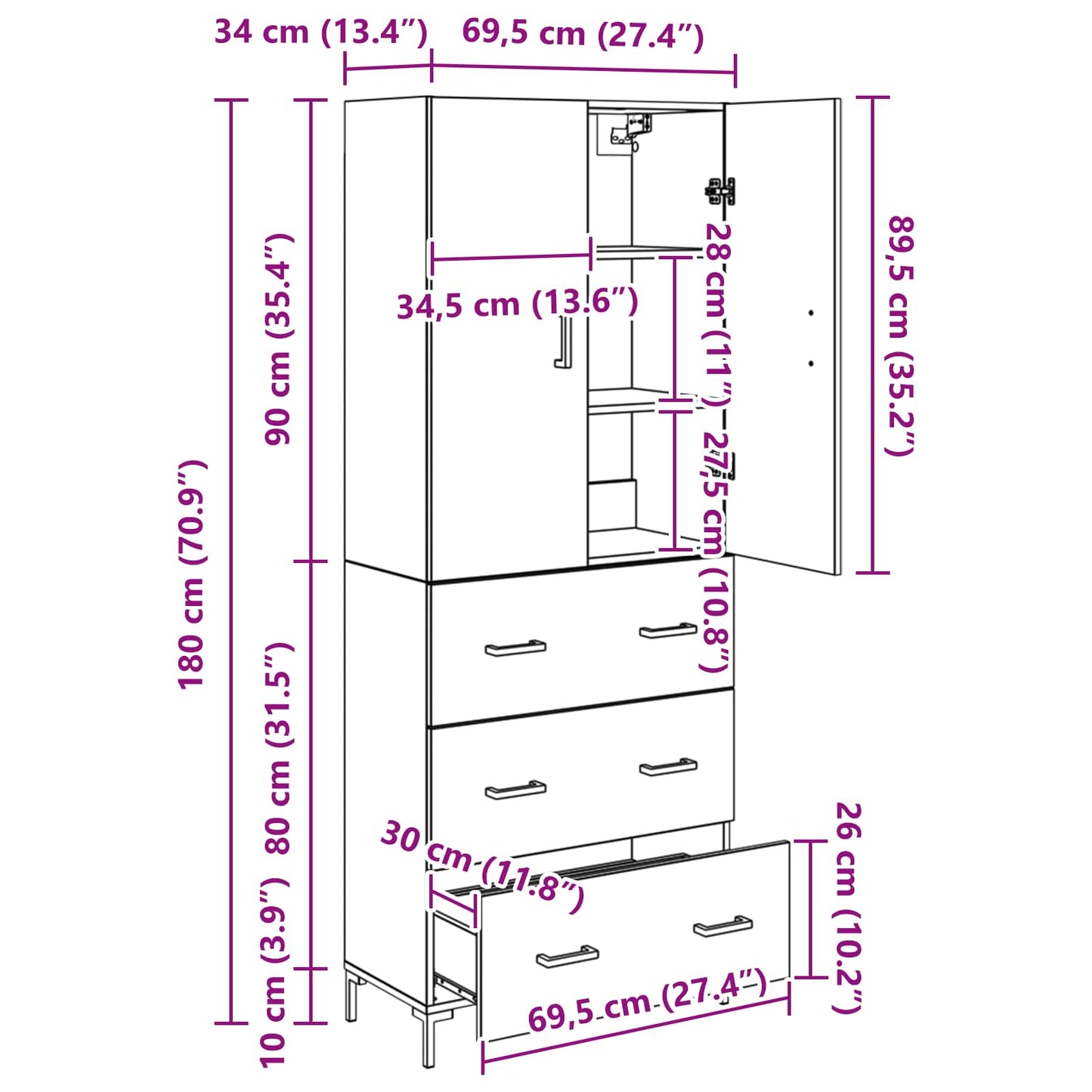 Highboard Artisan Eiken 69,5 x 34 x 180 cm Bewerkt hout