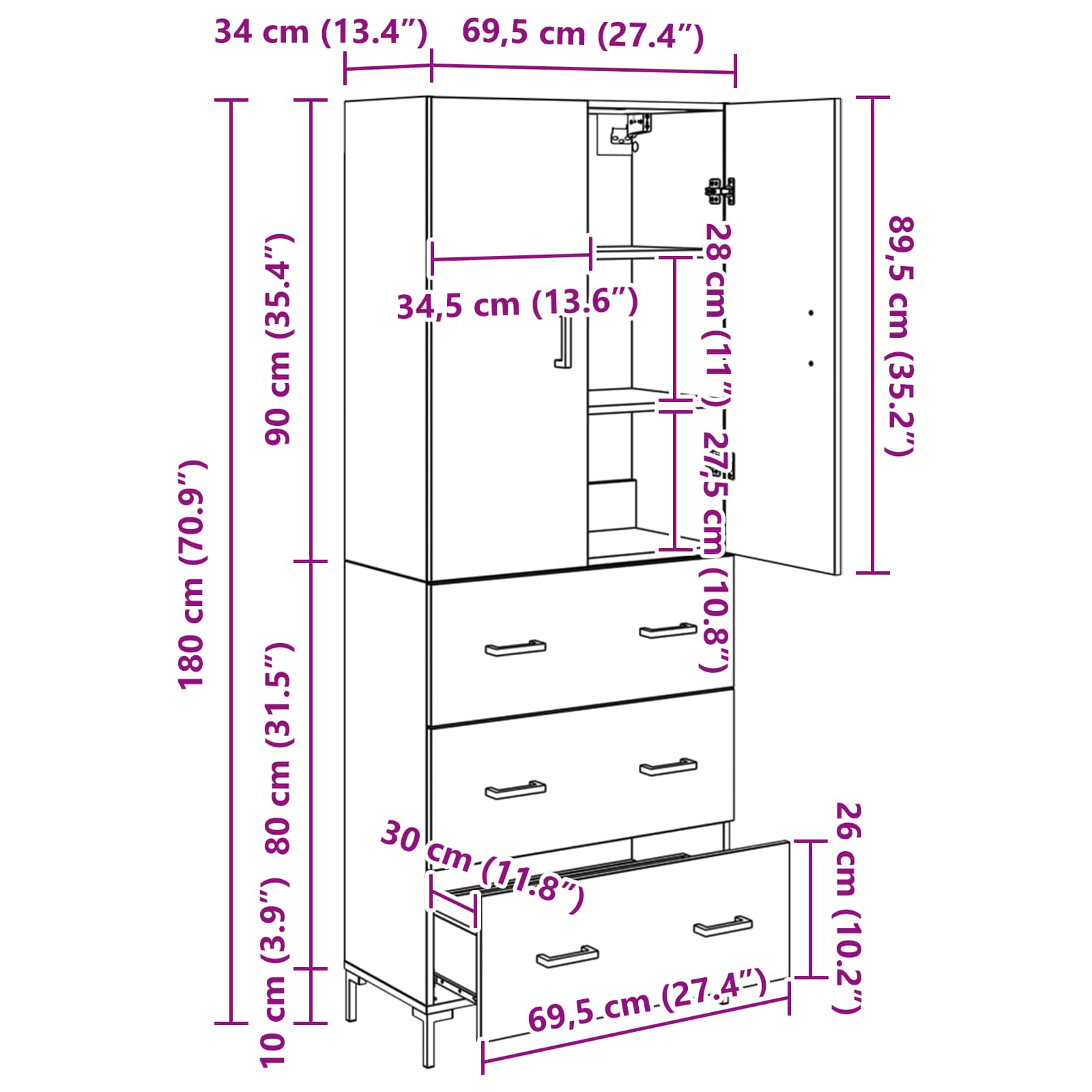 Highboard Artisan Eiken 69,5 x 34 x 180 cm Bewerkt hout