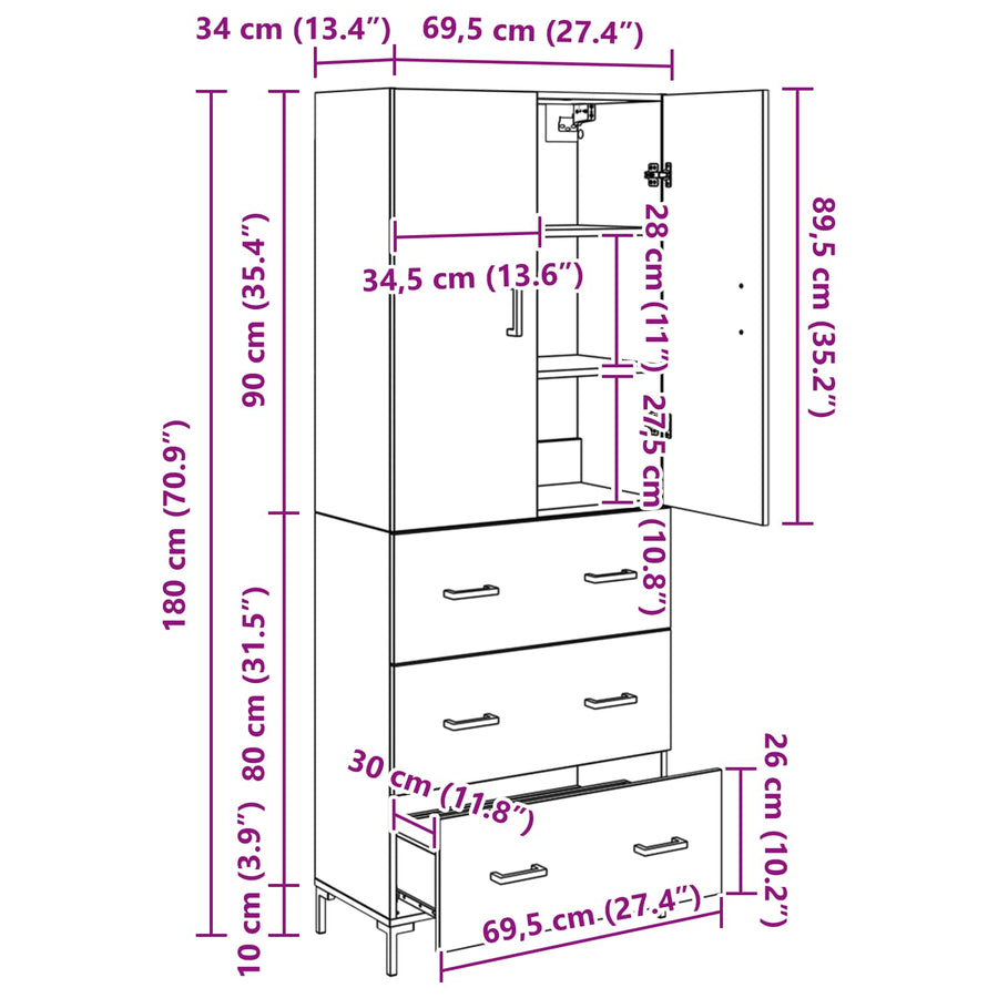 Highboard Artisan Eiken 69,5 x 34 x 180 cm Bewerkt hout