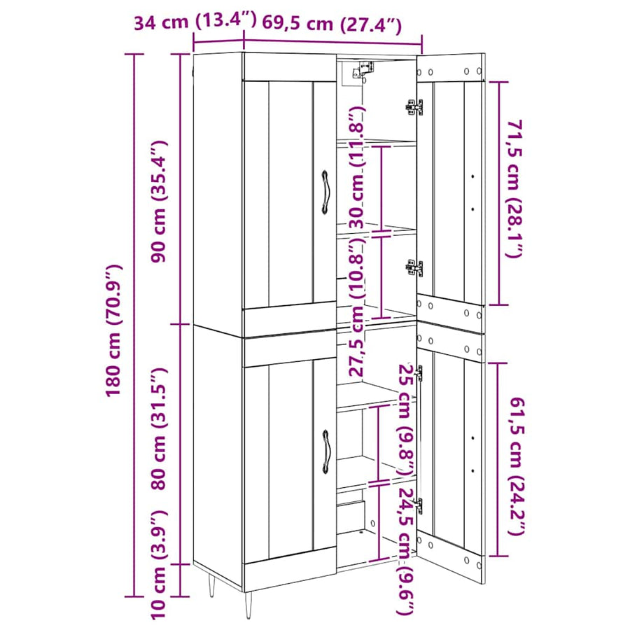 Hoge kast 2 st Artisan Eiken 69,5 x 34 x 180 cm Bewerkt hout