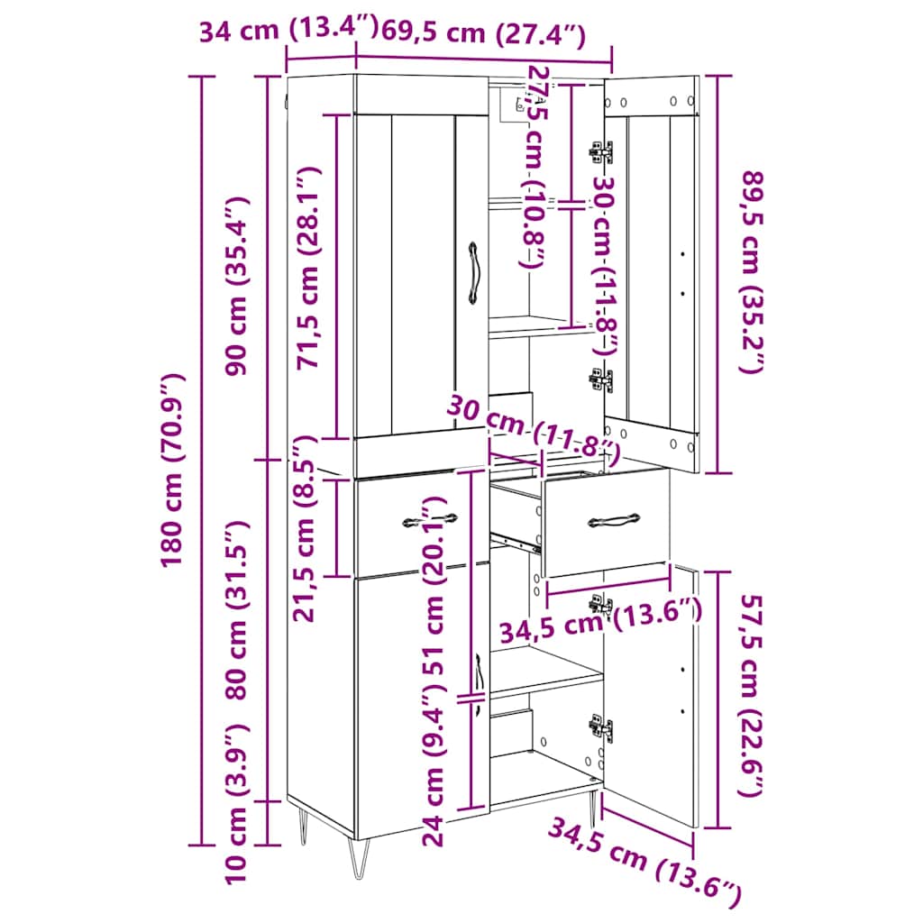 Highboard Artisan Eiken 69,5 x 34 x 180 cm Bewerkt hout