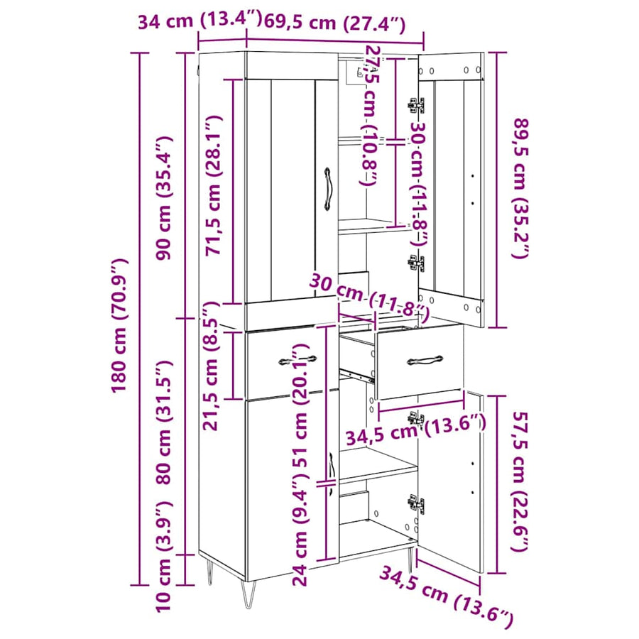 Highboard Artisan Eiken 69,5 x 34 x 180 cm Bewerkt hout