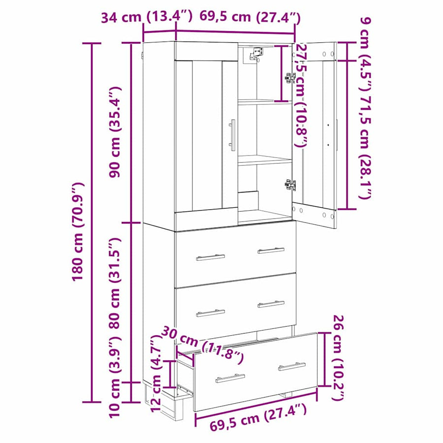 Hoge kast met lade 2 pcs Artisan Eiken Geengineerd Hout en Glas