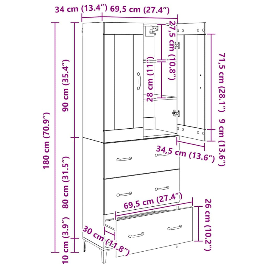 Highboard Artisan Eiken 69,5 x 34 x 180 cm Bewerkt hout