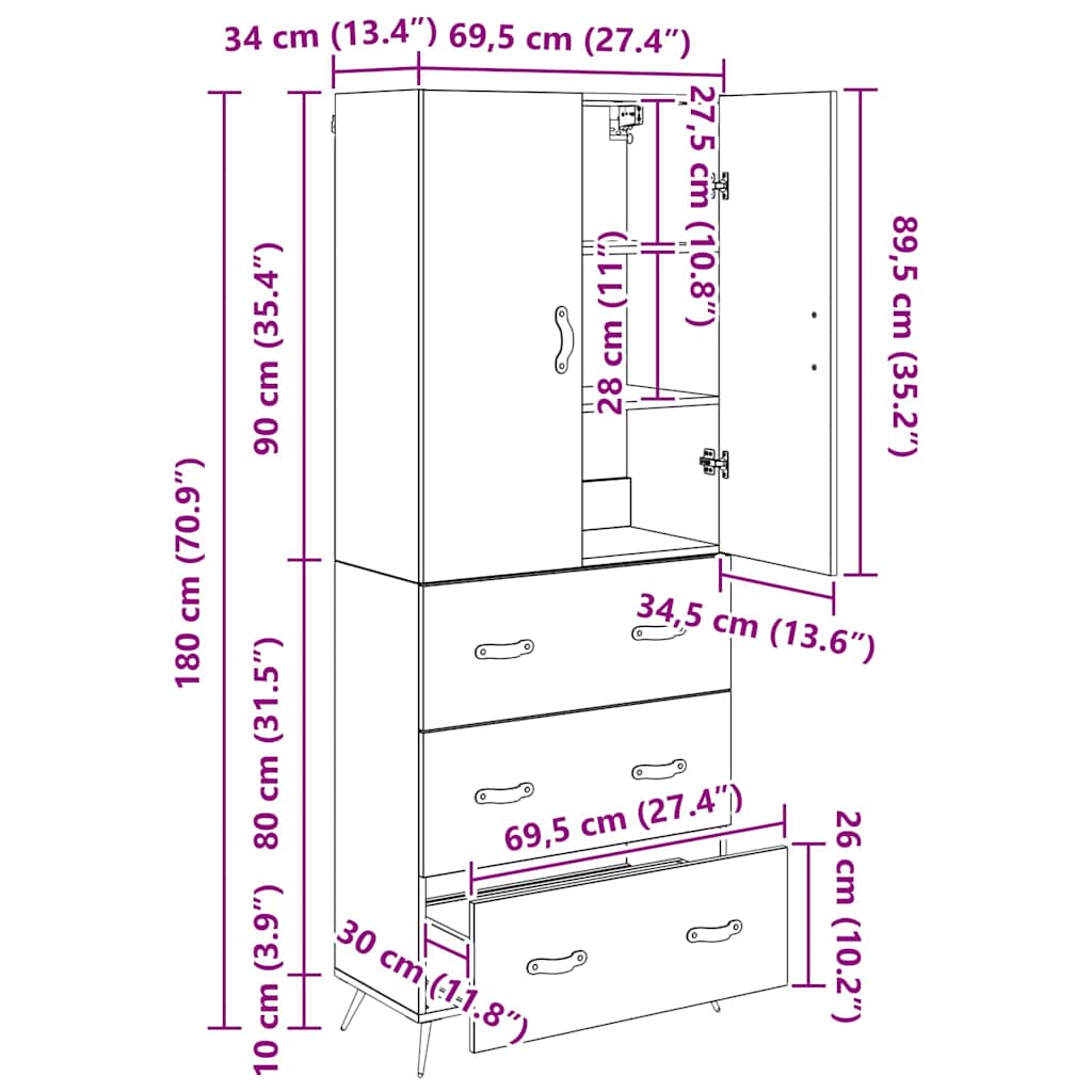 Highboard Artisan Eiken 69,5 x 34 x 180 cm Bewerkt hout