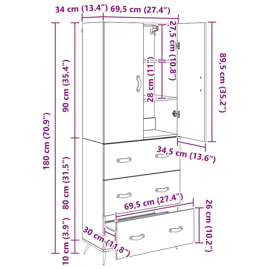 Highboard Artisan Eiken 69,5 x 34 x 180 cm Bewerkt hout