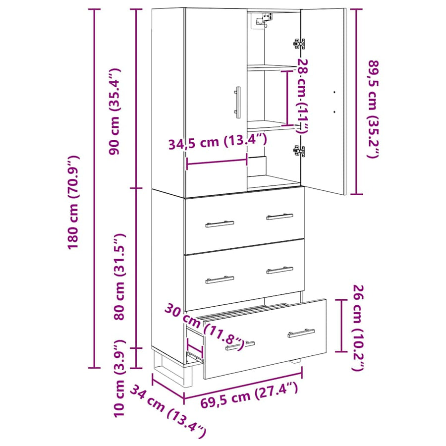 Hoge kast met lade 2 pcs Artisan Eiken Geengineerd Hout en Glas