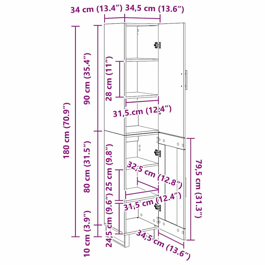 Highboard Zwart Eiken 34,5 x 34 x 180 cm Bewerkt hout