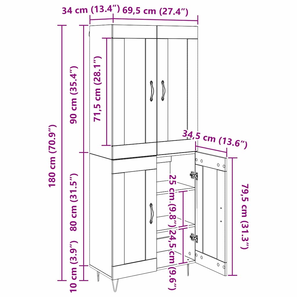 Highboard Zwart Eiken 69,5 x 34 x 180 cm Bewerkt hout