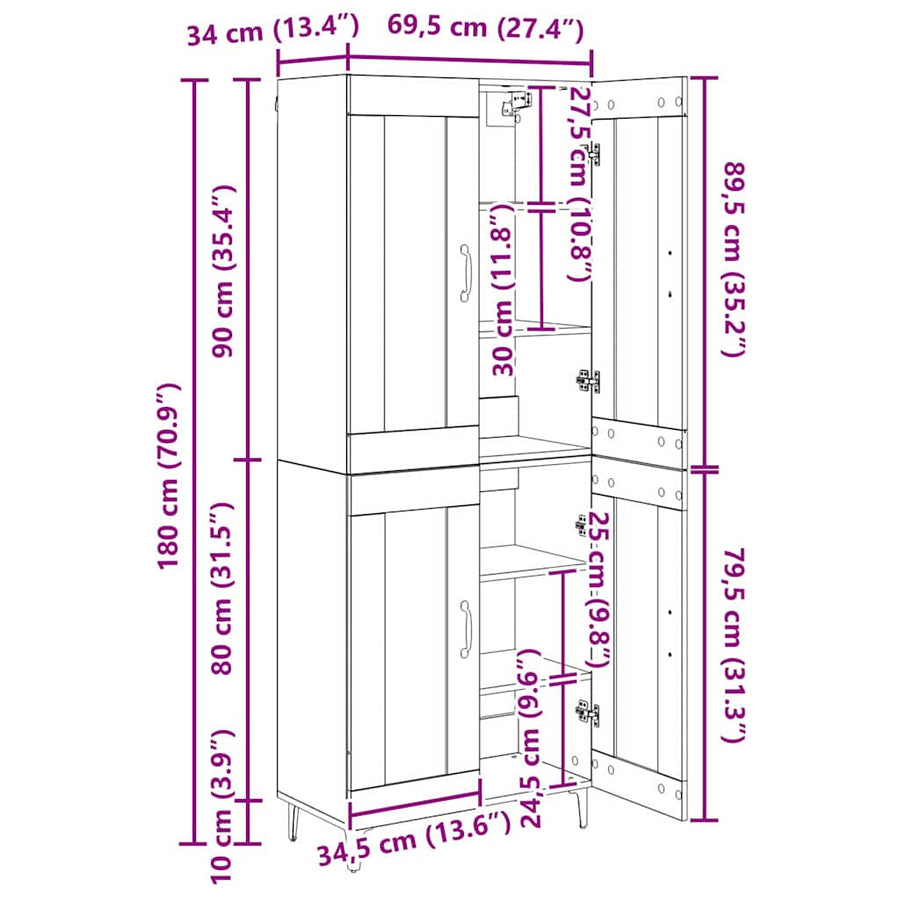 Highboard Zwart Eiken 69,5 x 34 x 180 cm Bewerkt hout