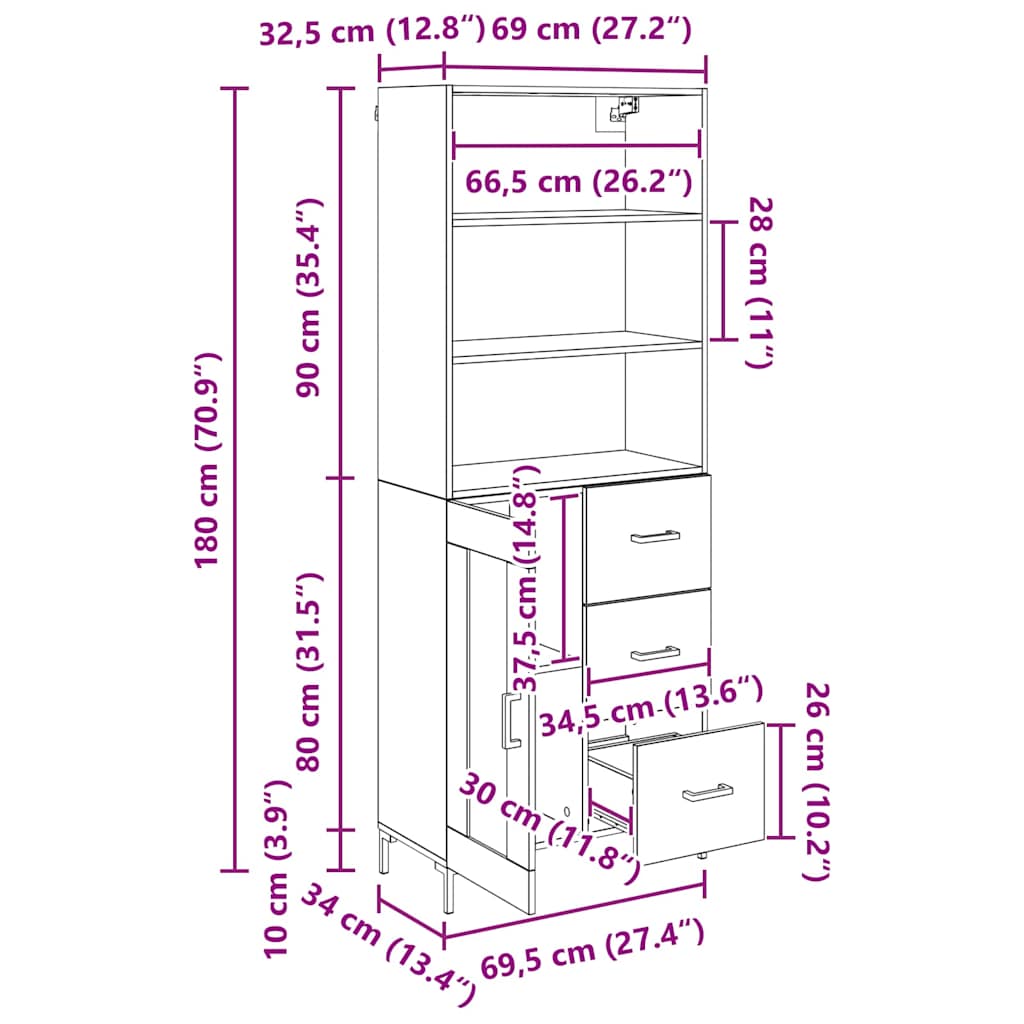 Highboard Wandgemonteerd 2 pcs Zwart Eiken Bewerkt hout
