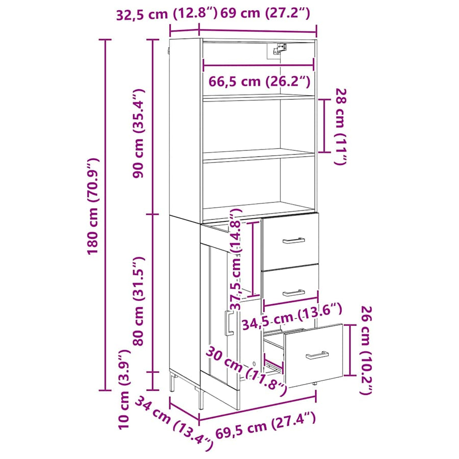 Highboard Wandgemonteerd 2 pcs Zwart Eiken Bewerkt hout