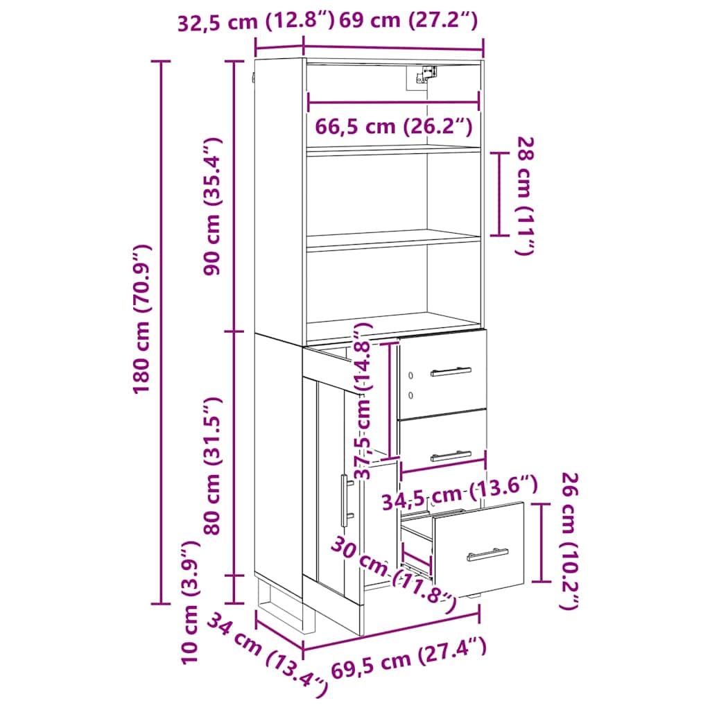 Highboard Wandgemonteerd 2 pcs Zwart Eiken Bewerkt hout