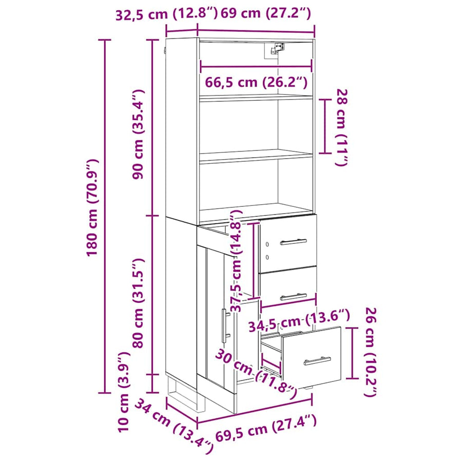 Highboard Wandgemonteerd 2 pcs Zwart Eiken Bewerkt hout