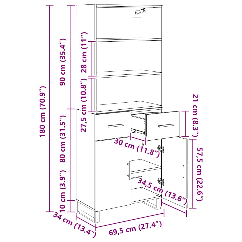 Highboard Wandgemonteerd 2 pcs Zwart Eiken Bewerkt hout