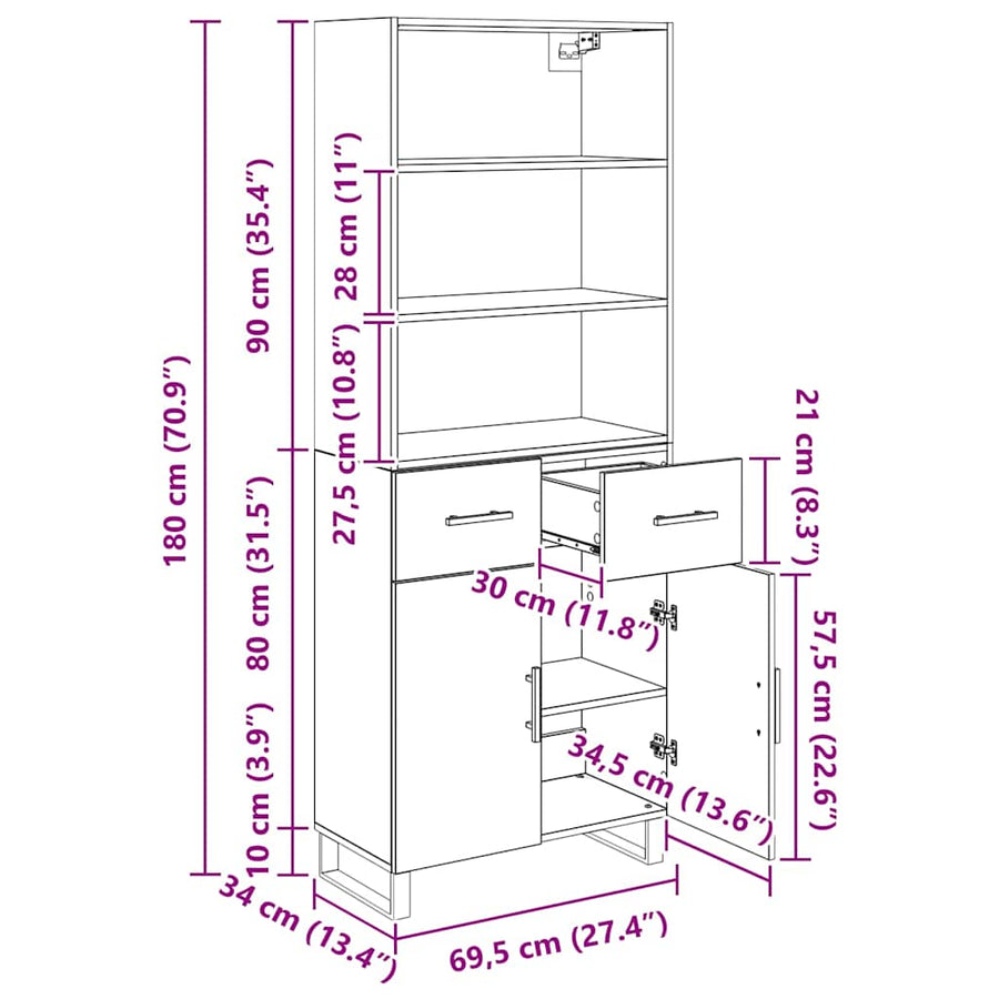 Highboard Wandgemonteerd 2 pcs Zwart Eiken Bewerkt hout