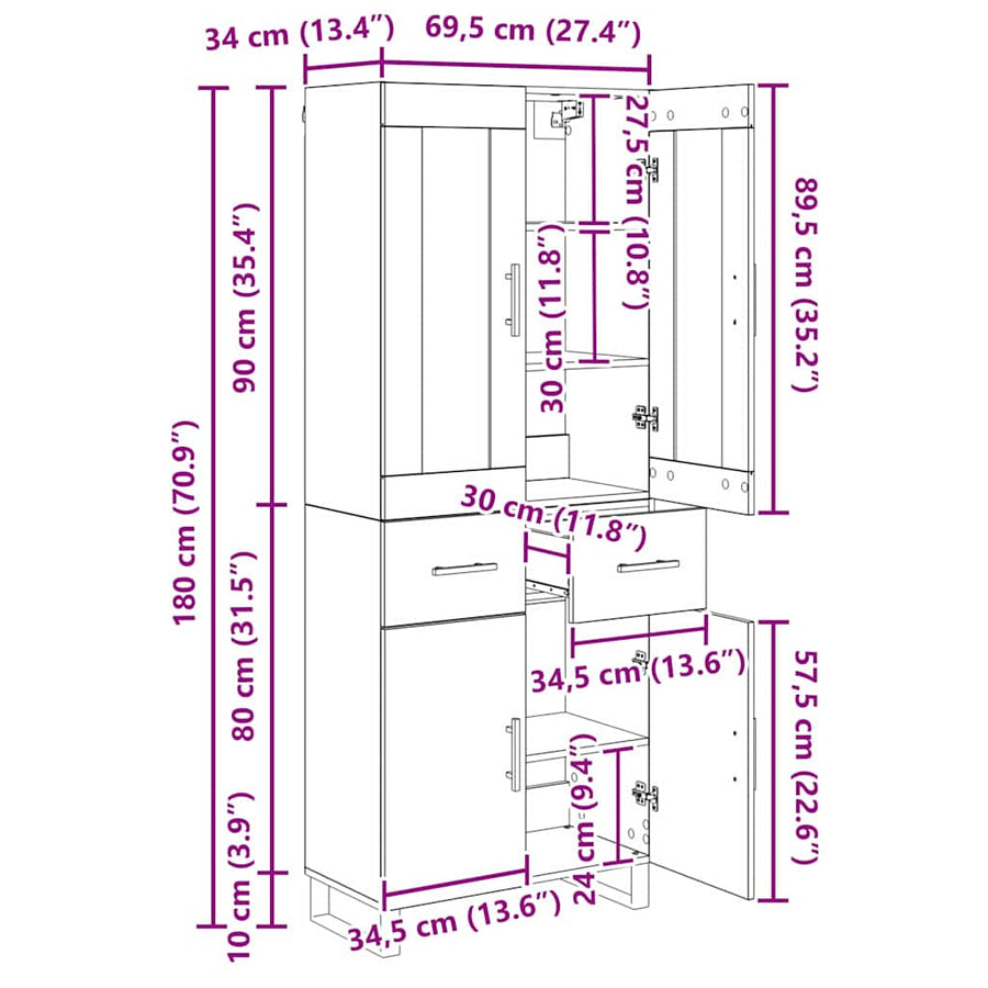 Highboard met lade Zwart Eiken 69,5 x 34 x 180 cm Bewerkt hout