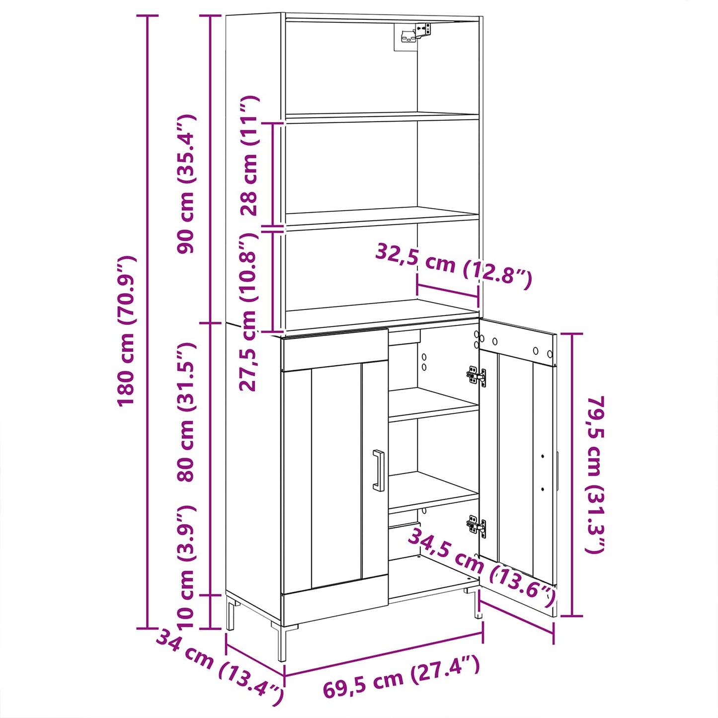 Hoge kast met lade Zwart Eiken 69,5 x 34 x 180 cm Bewerkt hout