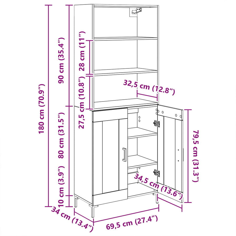 Hoge kast met lade Zwart Eiken 69,5 x 34 x 180 cm Bewerkt hout