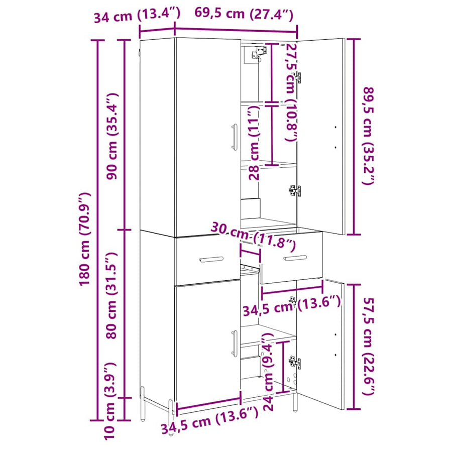 Highboard met lade Zwart Eiken 69,5 x 34 x 180 cm Bewerkt hout