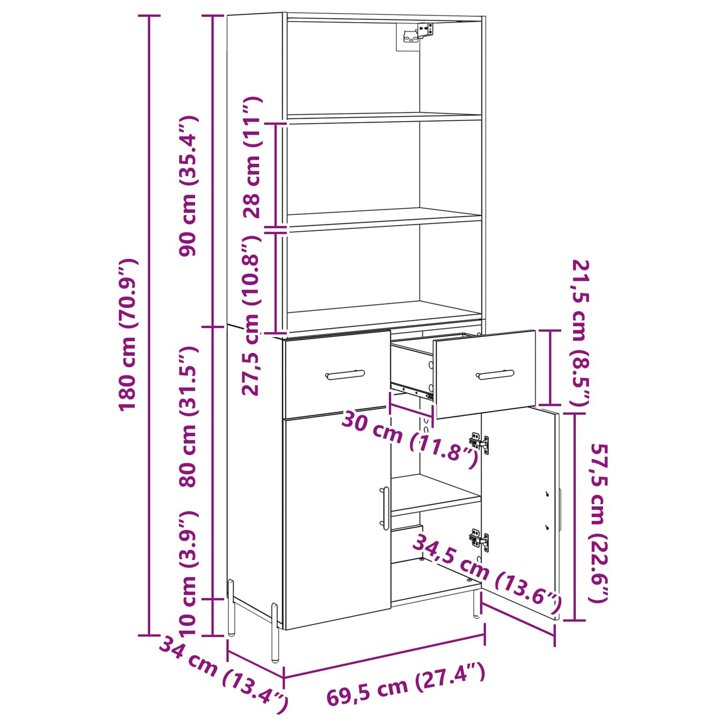 Hoge kast met lade Zwart eiken 69,5 x 34 x 180 cm Bewerkt hout