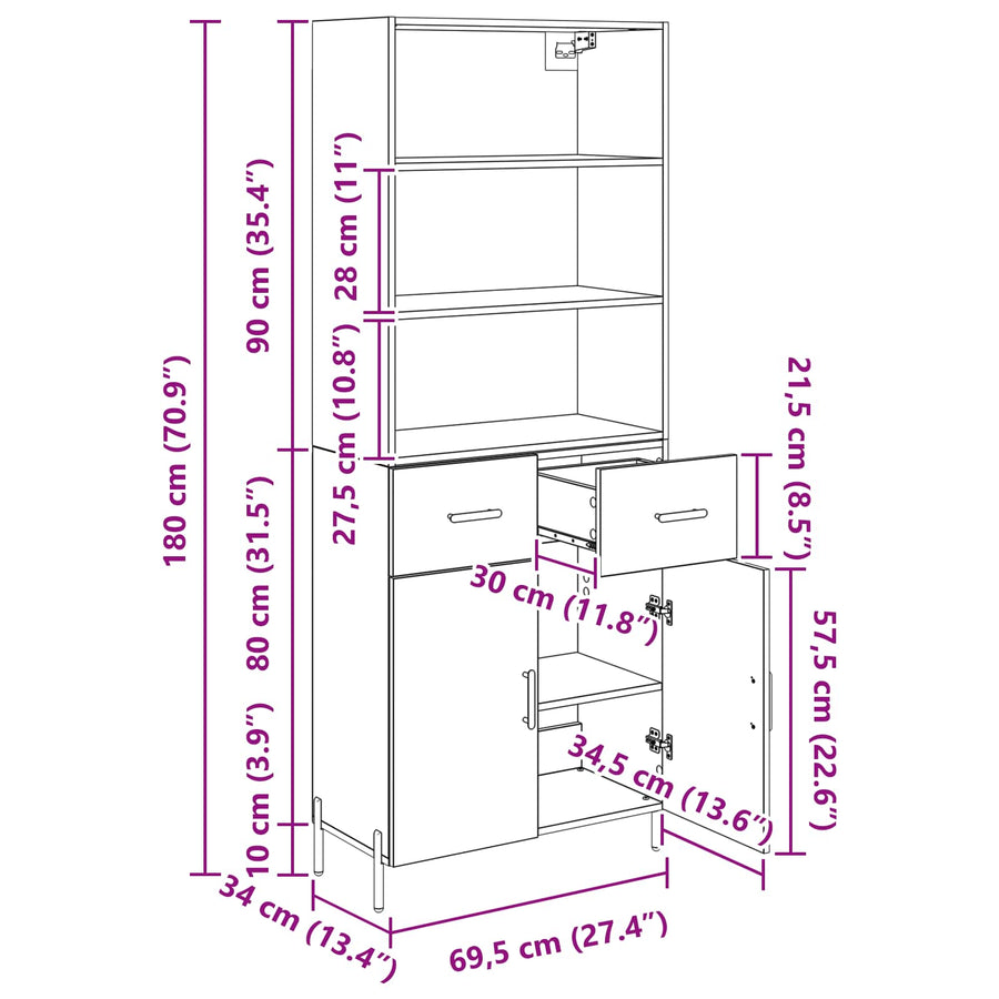 Hoge kast met lade Zwart eiken 69,5 x 34 x 180 cm Bewerkt hout