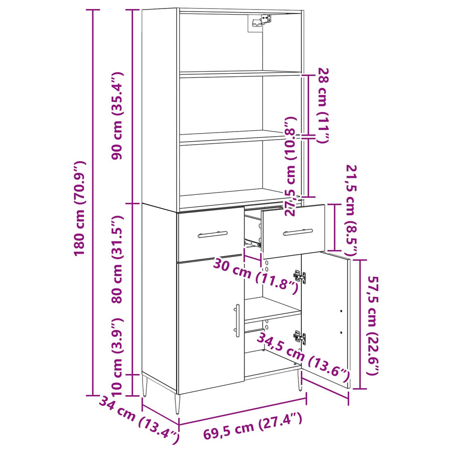 Hoge kast met lade Zwart Eiken 69,5 x 34 x 180 cm Bewerkt hout