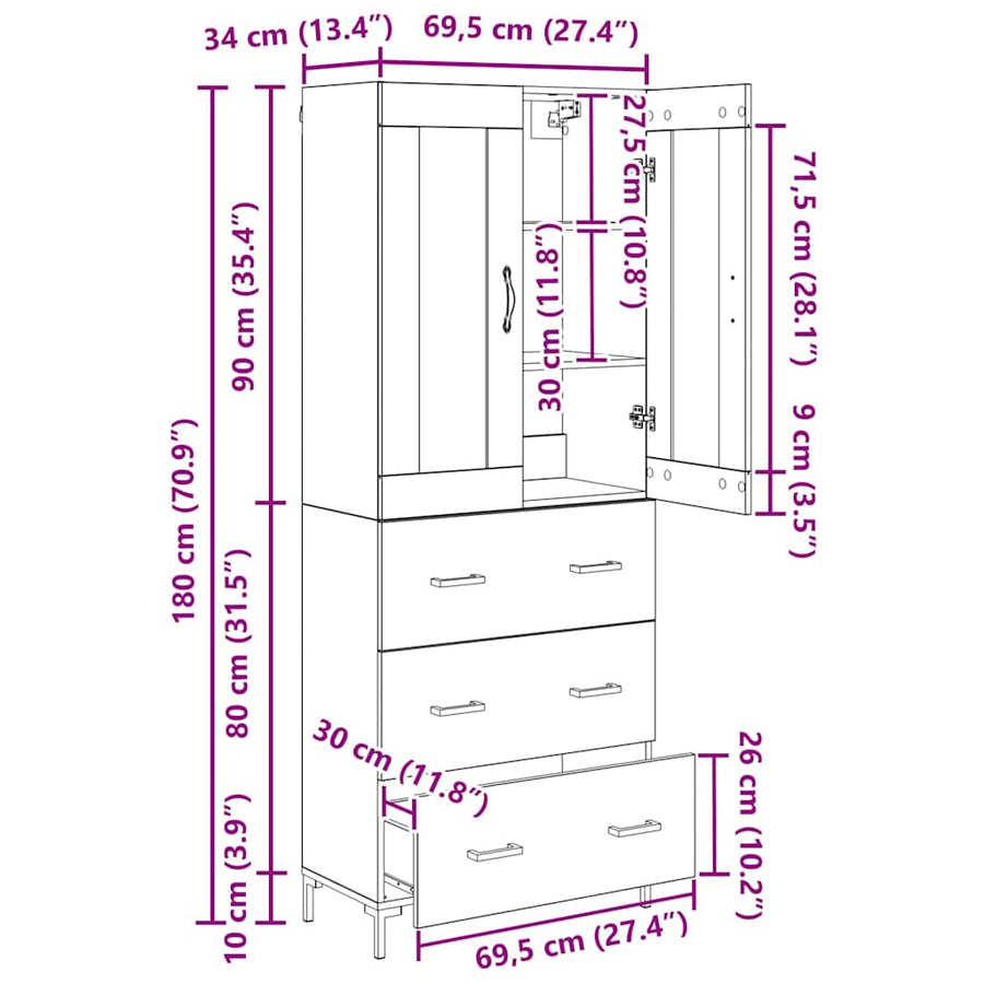 Highboard met lade Zwart Eiken 69,5 x 34 x 180 cm Bewerkt hout