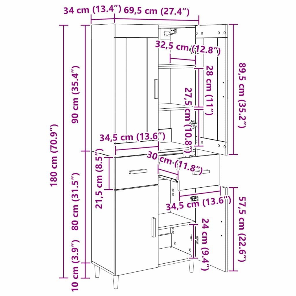 Highboard Wandgemonteerd 2 pcs Zwart Eiken Bewerkt hout