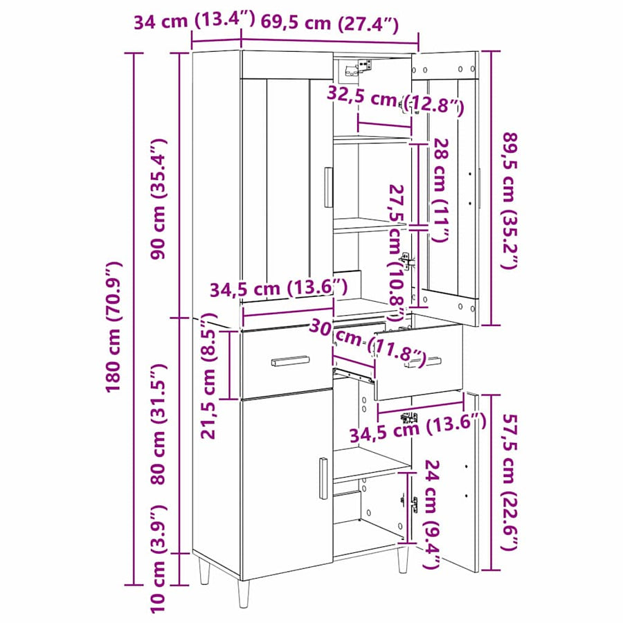 Highboard Wandgemonteerd 2 pcs Zwart Eiken Bewerkt hout