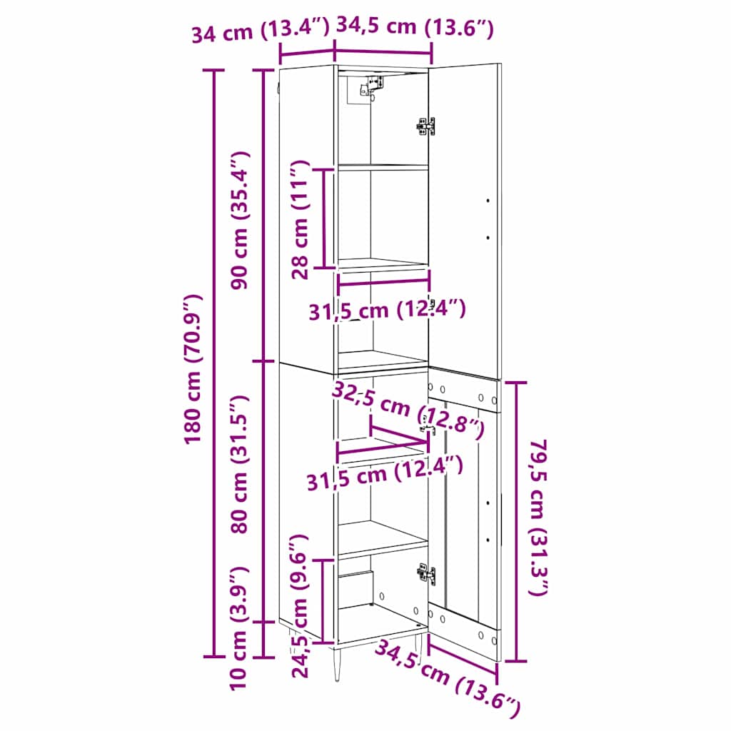 Highboard Zwart Eiken 34,5 x 34 x 180 cm Bewerkt hout