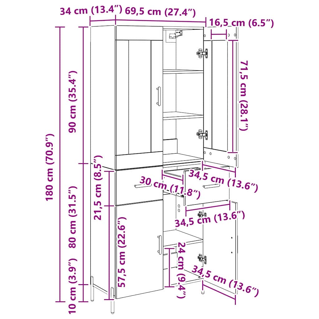 Highboard 2 pcs Zwart Eiken 69,5 x 34 x 180 cm Bewerkt hout
