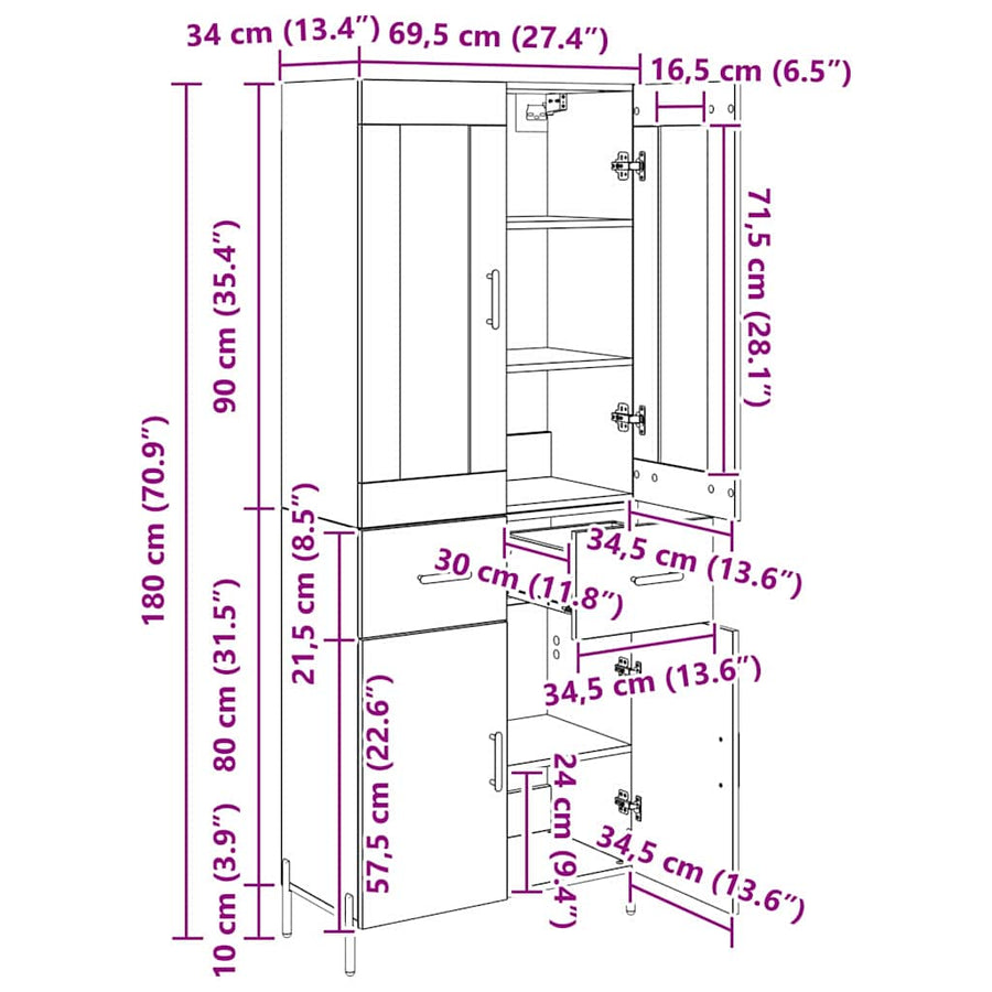 Highboard 2 pcs Zwart Eiken 69,5 x 34 x 180 cm Bewerkt hout